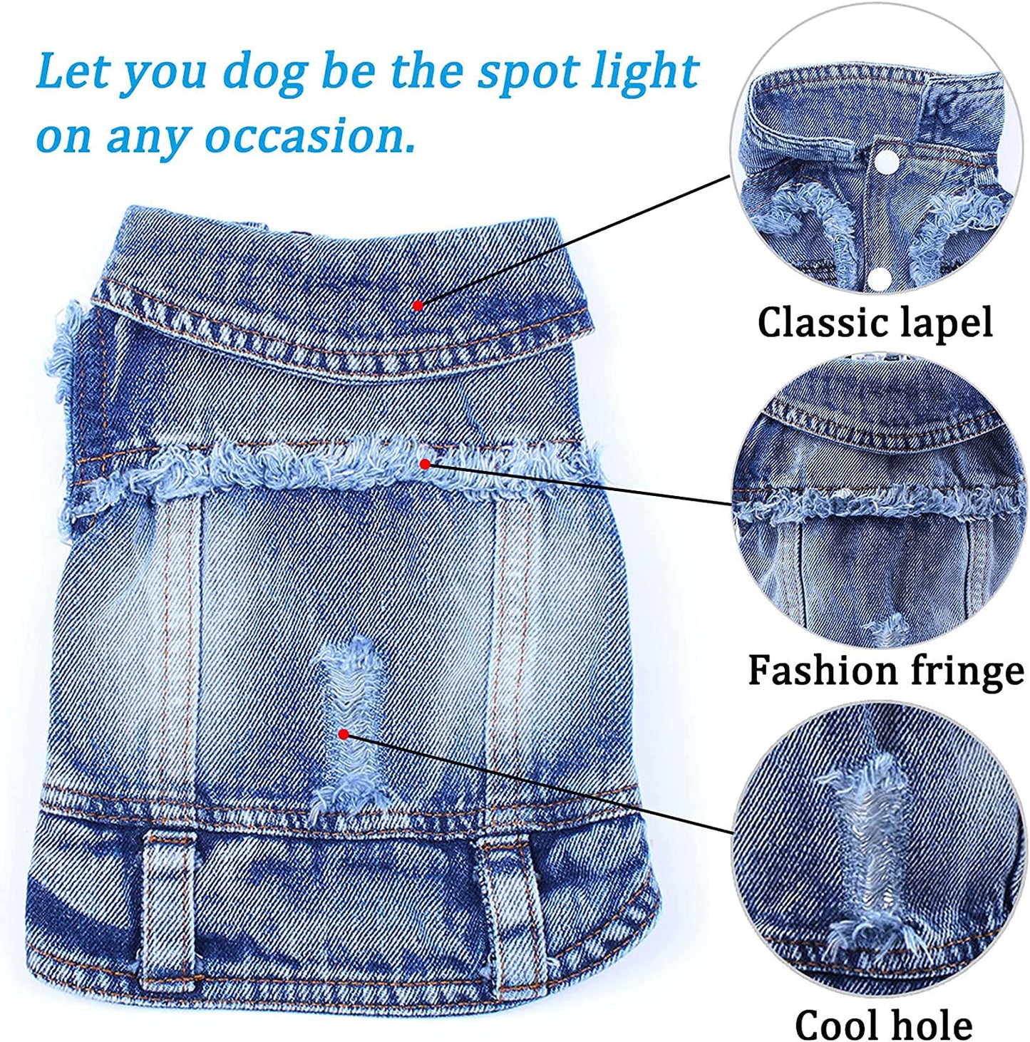 Dog Jean Jacket, Blue Denim Lapel Vest Coat T-Shirt Costume Girl Boy Puppy Clothes, Comfort and Cool Apparel for Small Medium Dogs Cats