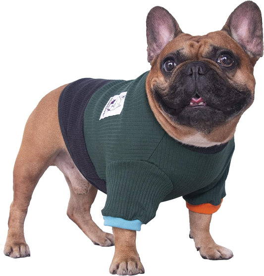 Pet Dog Crewneck Sweater Color Block Pullover Winter Warm Clothes for French Bulldog Frenchie Pug Puppy - Green and Black/Small