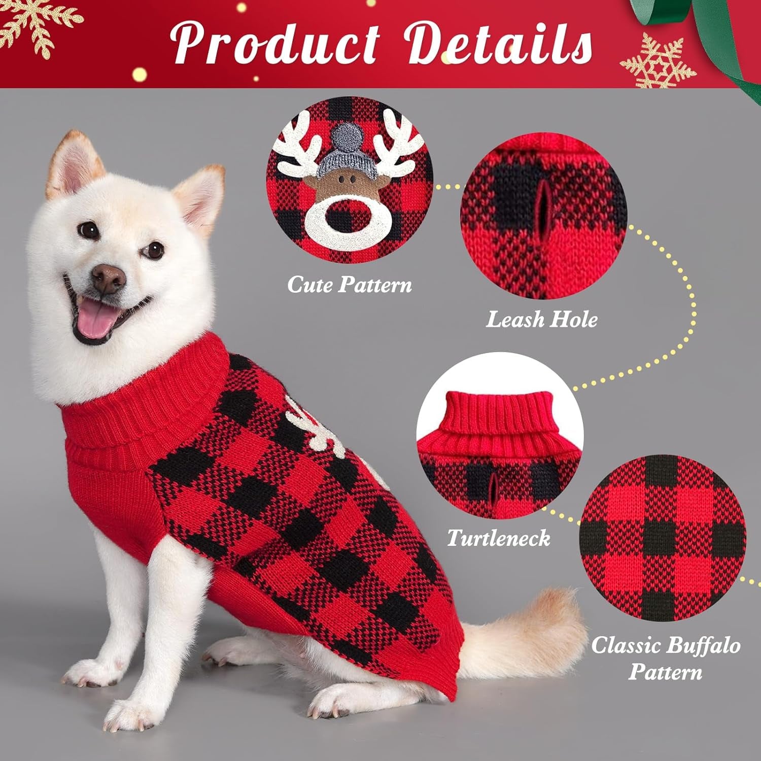 Dog Christmas Sweater Reindeer Small Dogs Christmas Sweater Red Buffalo Check with Leash Hole Pet Sweater Dog Christmas Outfit Puppy Sweater,S