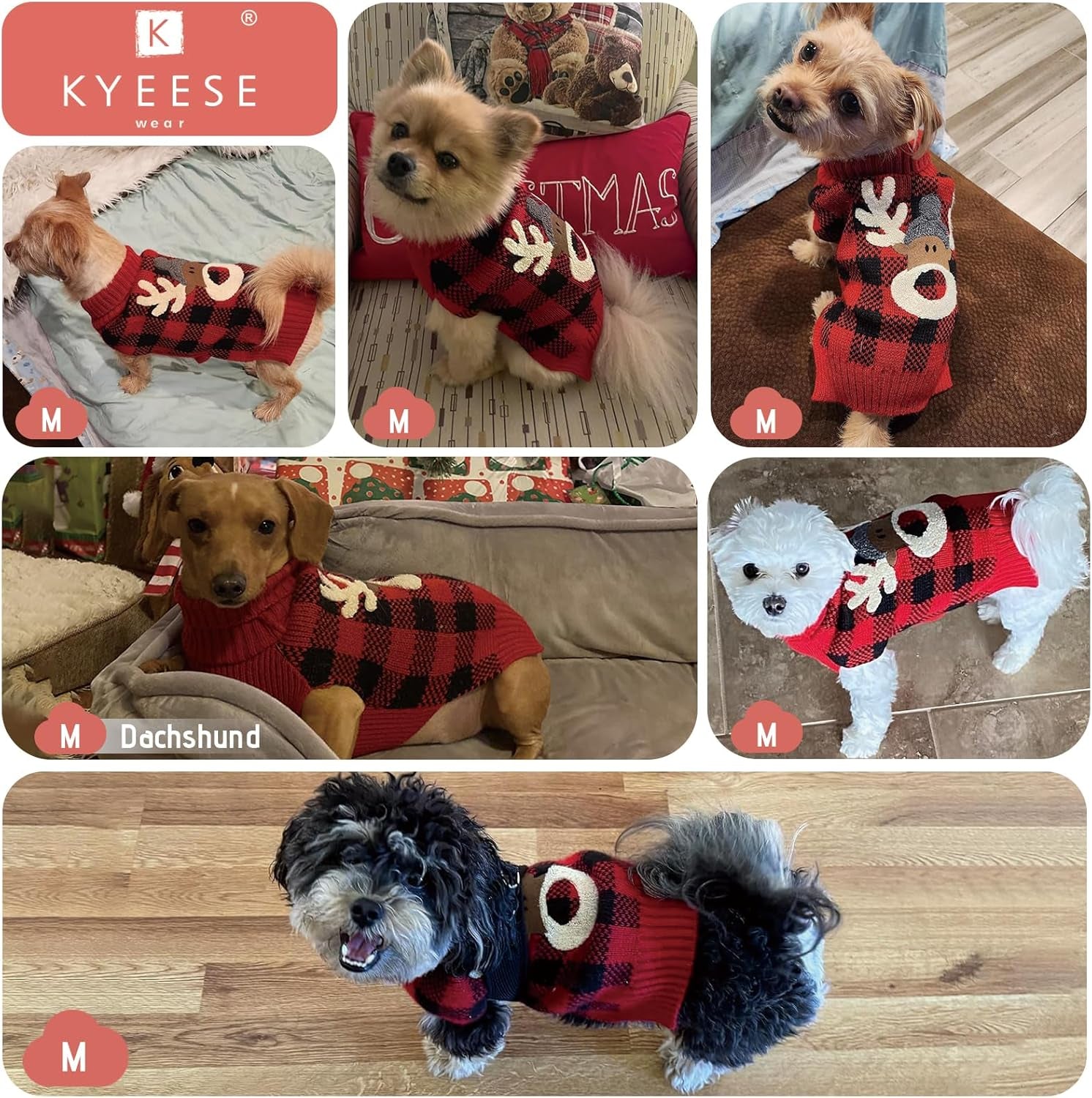 Dog Christmas Sweater Reindeer Small Dogs Christmas Sweater Red Buffalo Check with Leash Hole Pet Sweater Dog Christmas Outfit Puppy Sweater,S