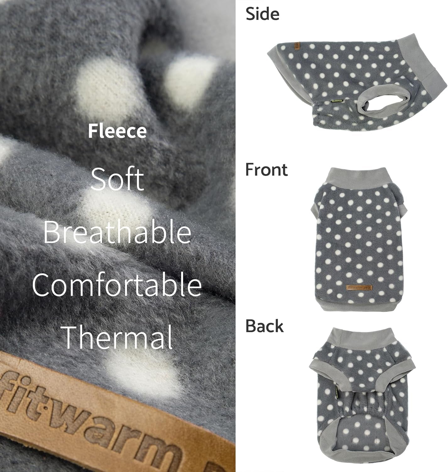 Fleece Polka Dot Sweater for Small Dogs, Cozy Winter Clothes, Cold Weather Pullover Jacket, Pet Outfit, Light Grey, Dark Grey, White, XS