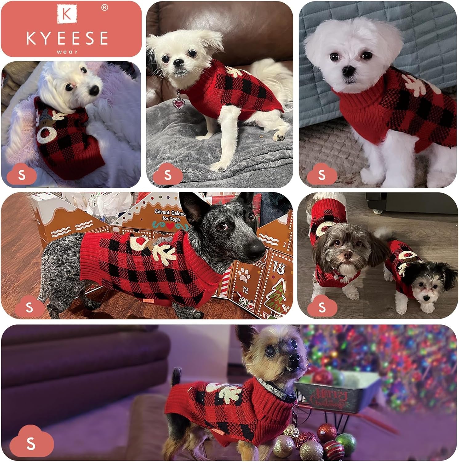 Dog Christmas Sweater Reindeer Small Dogs Christmas Sweater Red Buffalo Check with Leash Hole Pet Sweater Dog Christmas Outfit Puppy Sweater,S