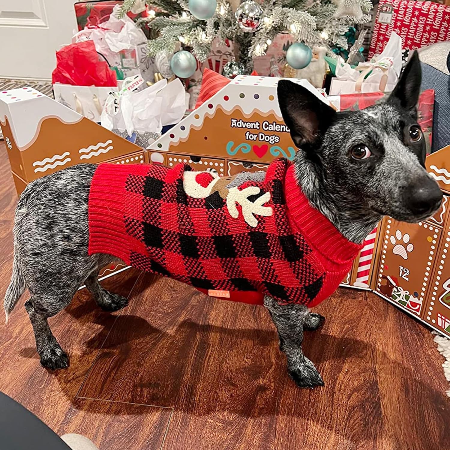 Dog Christmas Sweater Reindeer Small Dogs Christmas Sweater Red Buffalo Check with Leash Hole Pet Sweater Dog Christmas Outfit Puppy Sweater,S