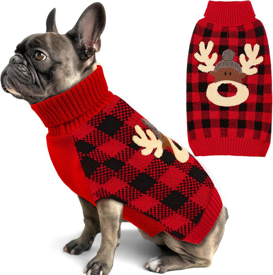 Dog Christmas Sweater Reindeer Small Dogs Christmas Sweater Red Buffalo Check with Leash Hole Pet Sweater Dog Christmas Outfit Puppy Sweater,S
