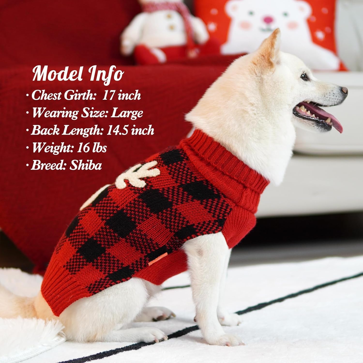 Dog Christmas Sweater Reindeer Small Dogs Christmas Sweater Red Buffalo Check with Leash Hole Pet Sweater Dog Christmas Outfit Puppy Sweater,S